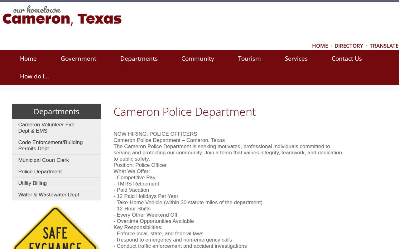 Milam County Cameron Police Department record source page