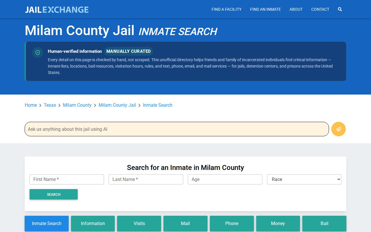 Milam County secondary jail-directory record source interface