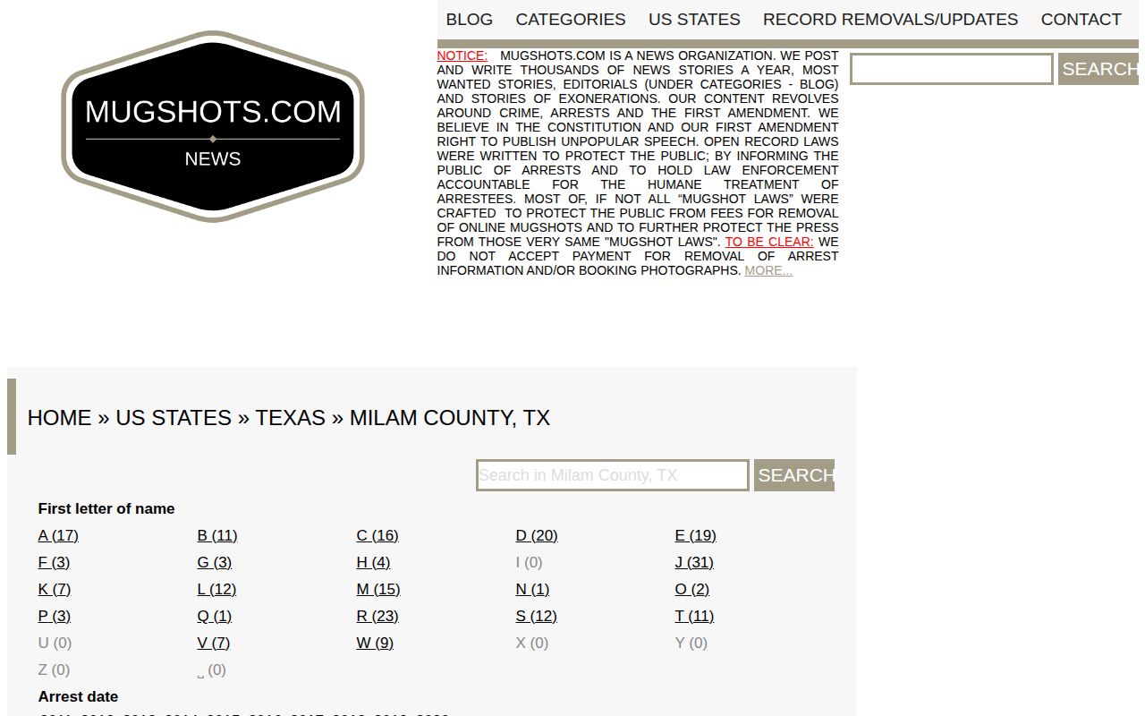 Milam County secondary historical booking-record source interface