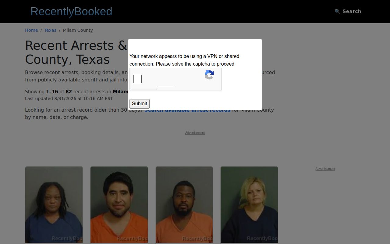 Milam County secondary booking-record interface from RecentlyBooked