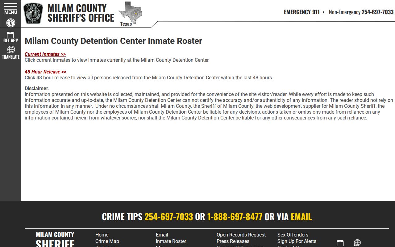 Milam County jail roster entry point for current and released booking records