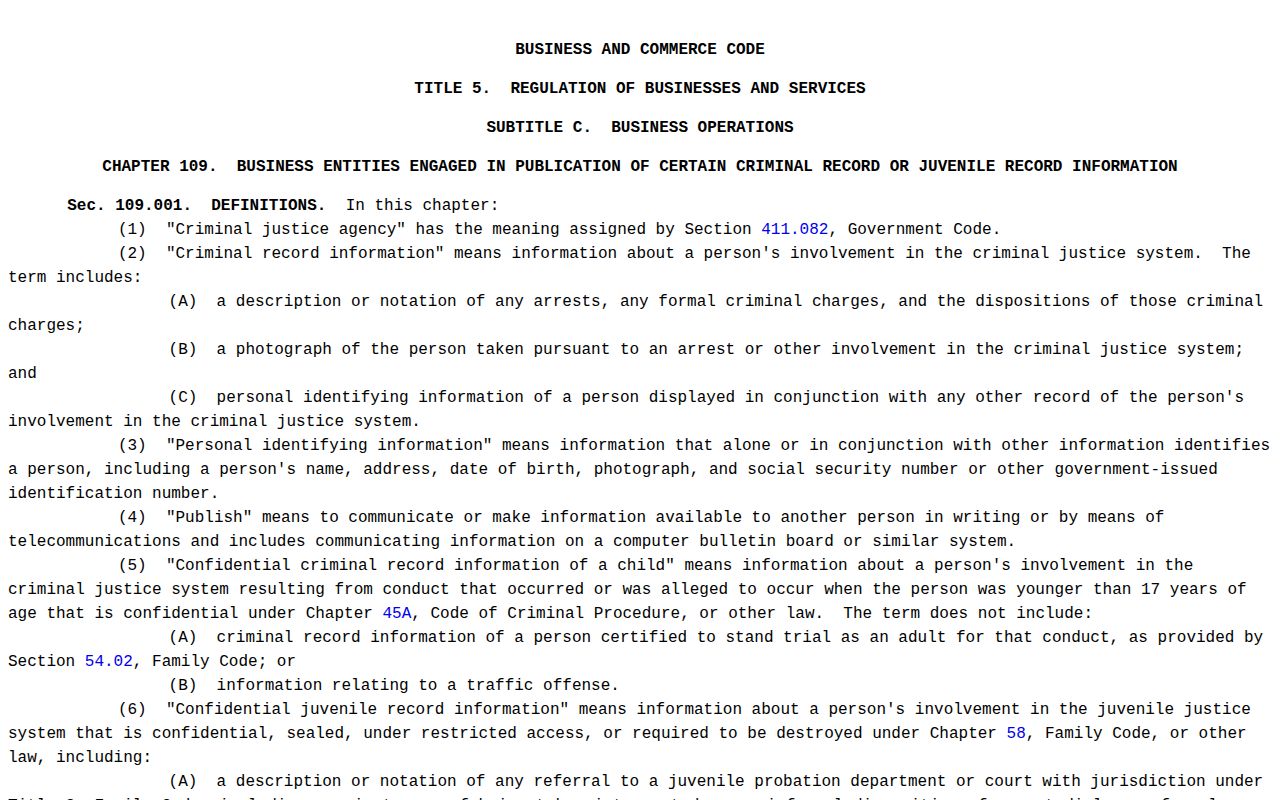 Milam County booking record law source from Texas Chapter 109